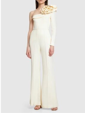 Elie Saab Cady Cream One-Shoulder Ruffle Jumpsuit Wide-Leg Trousers $3075